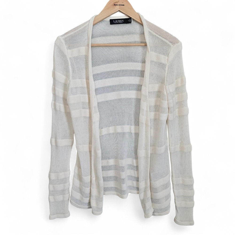 Lauren Ralph Lauren Cardigan Womens Medium Ivory Open Knit Lightweight Casual